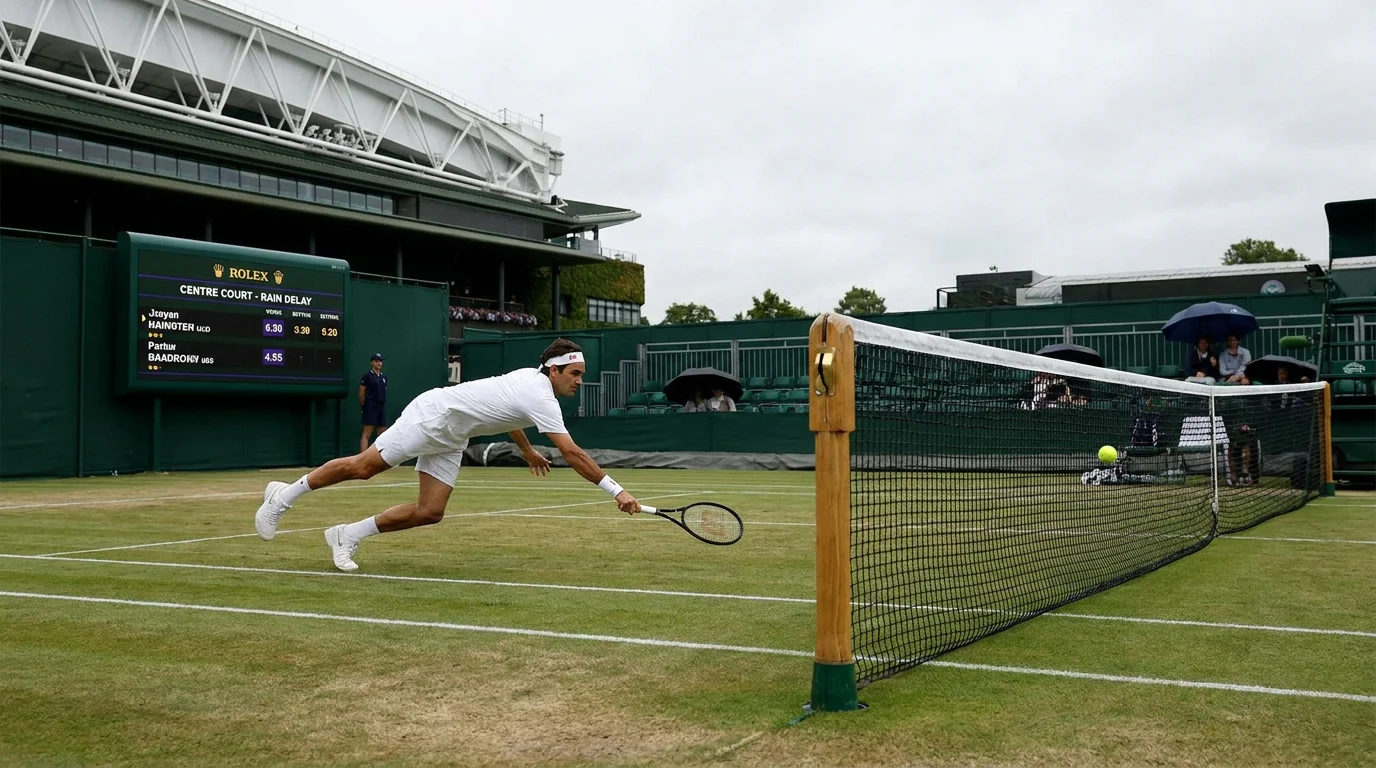Wimbledon outer court match in windy conditions affecting ball trajectory on grass