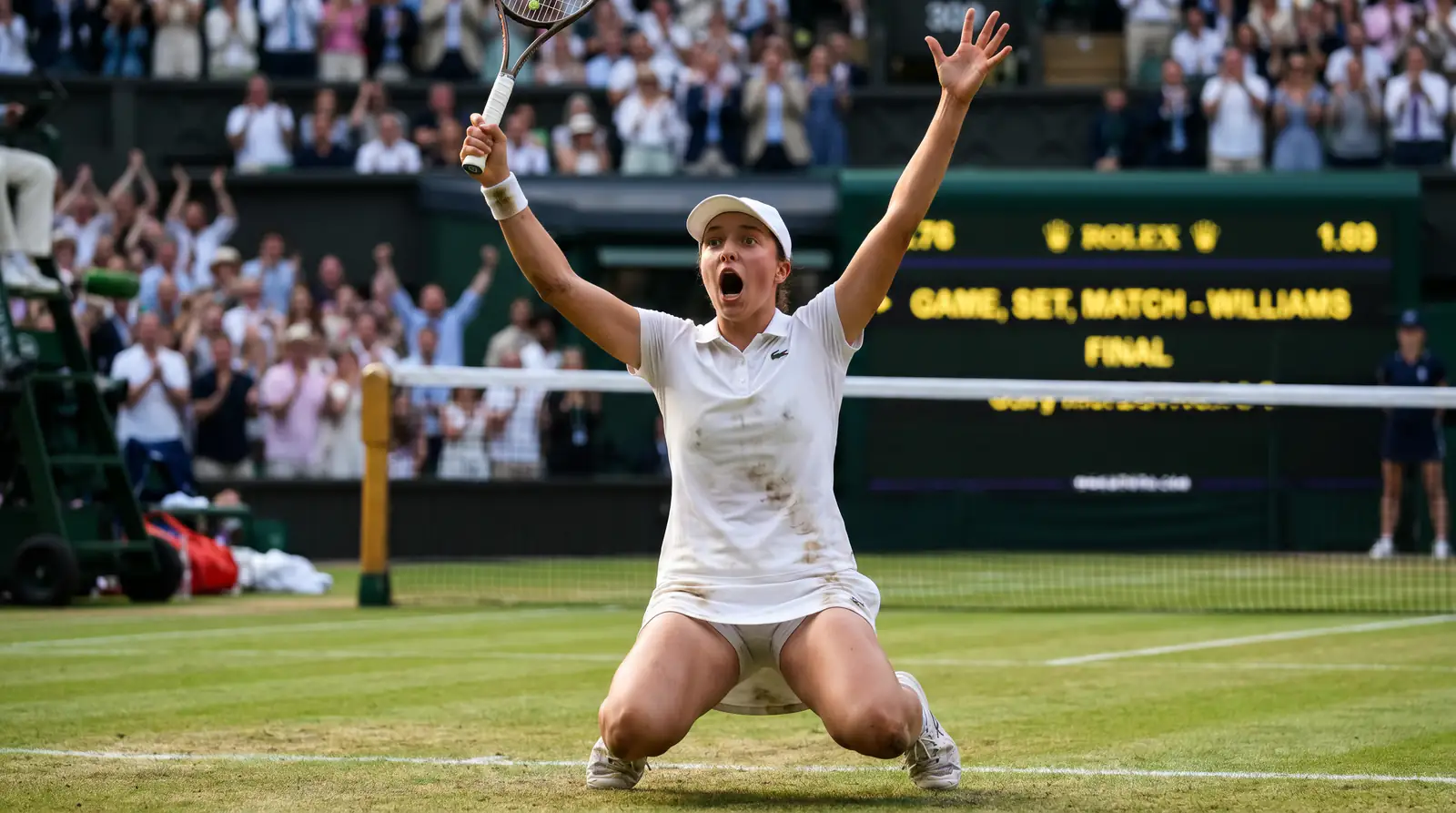 Female tennis player celebrating an upset victory on grass court at Wimbledon raising arms in triumph