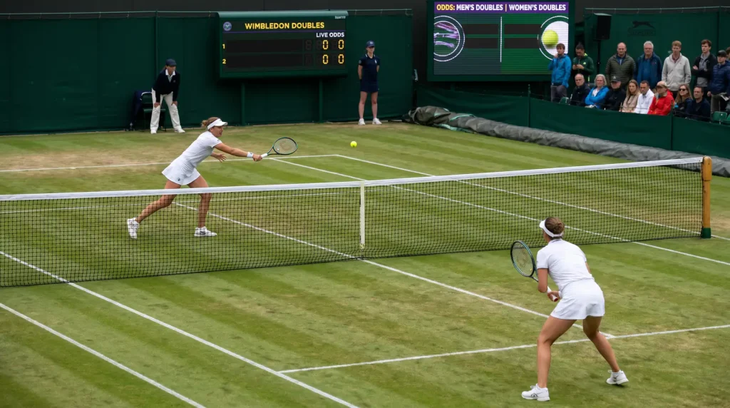 Wimbledon doubles match at SW19 with two players competing at the net on grass