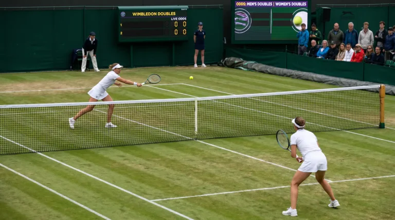 Wimbledon doubles match at SW19 with two players competing at the net on grass