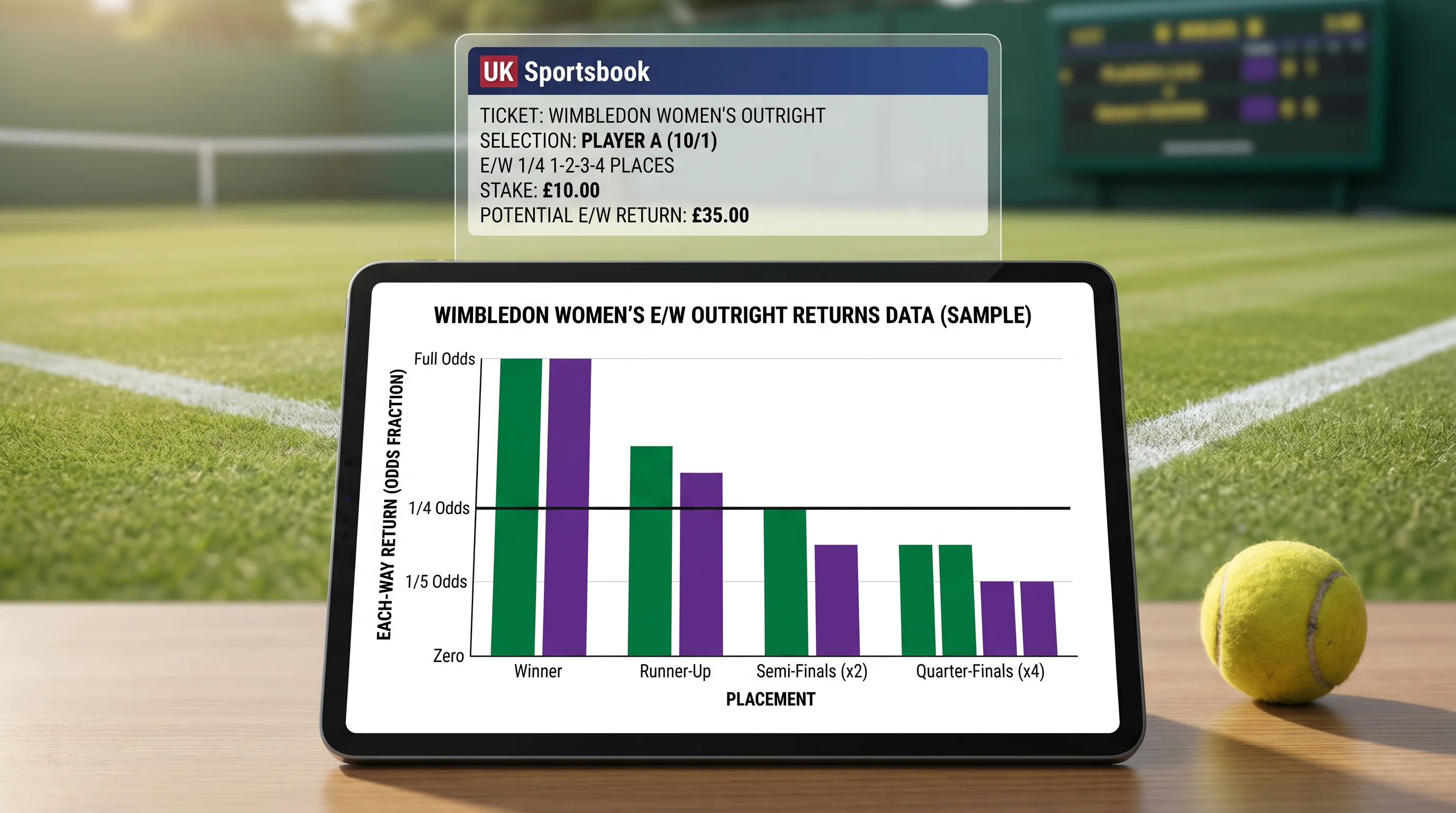 Clean graph showing each-way returns data for Wimbledon women's outright positions